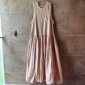 Free People Bubble Skirt Calla Lily Mixed Media Maxi Dress Pockets Drop Waist